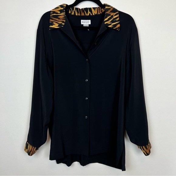Vintage Button Down Blouse- Black with Tiger Print Trim & Cuffs sz Large Novelty - Picture 1 of 5
